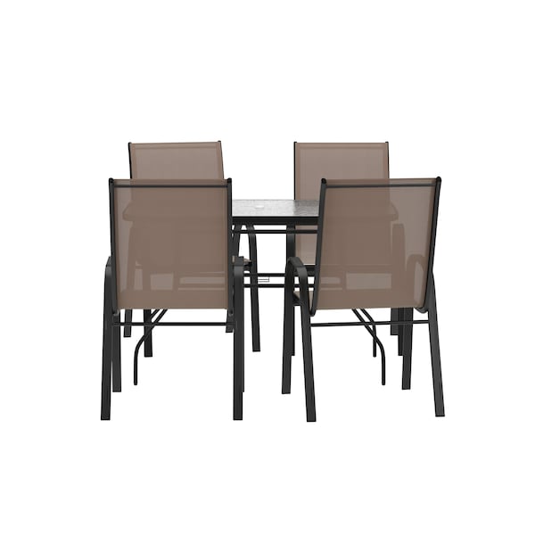 Flash Furniture Brazos 5 Piece Patio Set w/Tempered Glass Patio Table w/4 Chairs w/Brown Material Seats and Backs FV-120B-303CB-GG - main